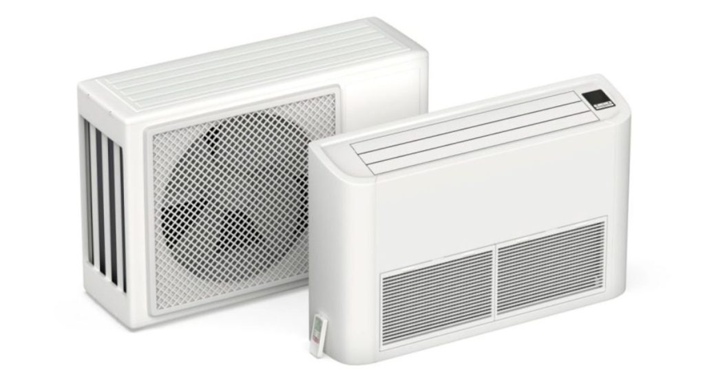 Een mobiele split unit airco met binnen- en buitenunit: een goede oplossing om de temperatuur in een caravan of camper op peil te houden.