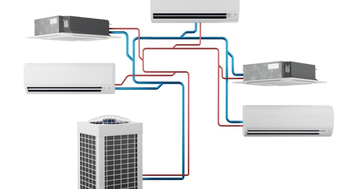 Voorstelling van een multi-split airco: een buitenunit gekoppeld aan verschillende binnenunits, die de lucht ontvochtigen bij het koelen en verwarmen van de ruimtes waar ze geïnstalleerd zijn.