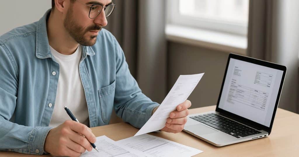 Een man in een blauwe hemd bekijkt offertes op papier en vergelijkt gegevens op zijn laptop.