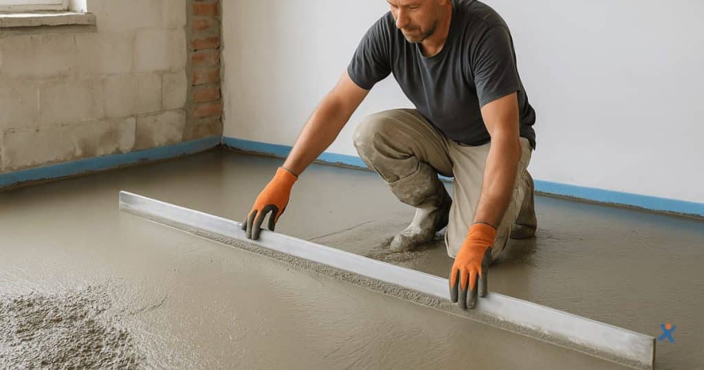 Werknemer in werkoutfit egaliseert sneldrogende chape in een lichte kamer met raam.