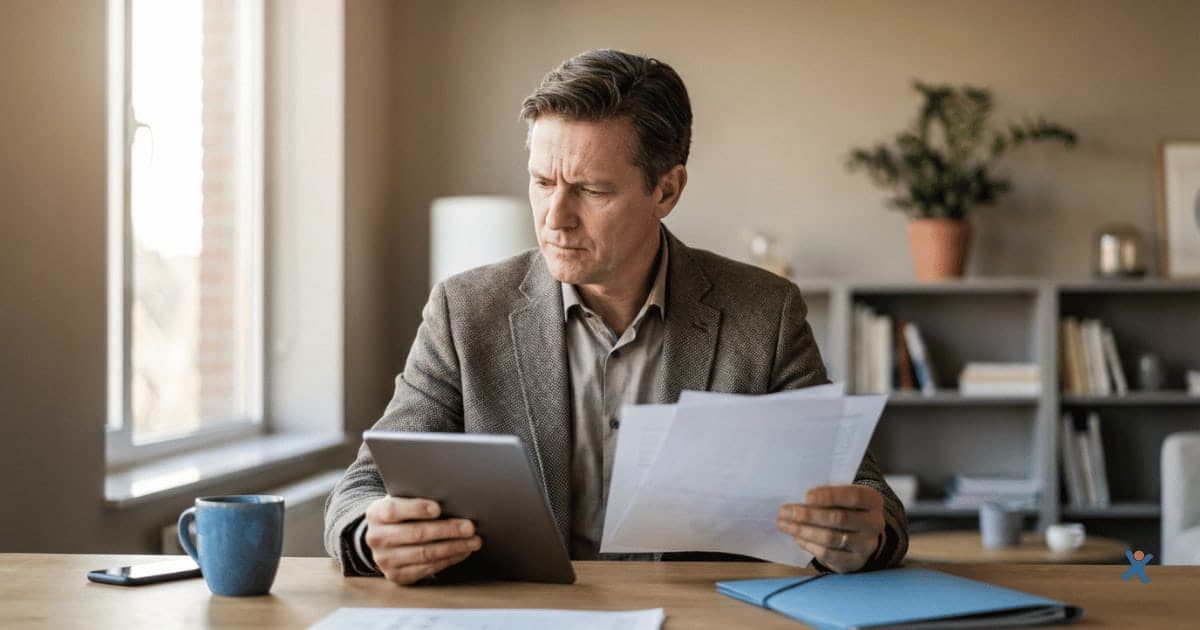 Belgische ondernemer zit aan een werkbureau en controleert verschillende offertes en administratieve stukken.