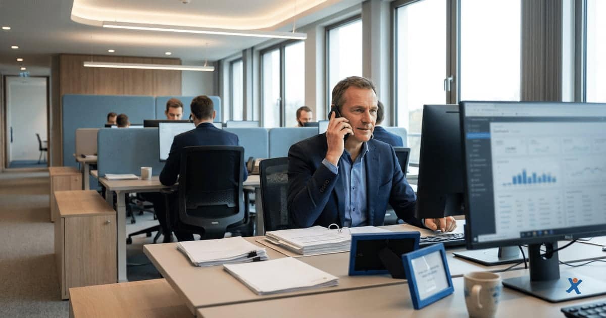 Aan zijn bureau voert een incassomedewerker een professioneel telefoongesprek over betalingen en controleert hij bijhorende dossiers op zijn scherm.