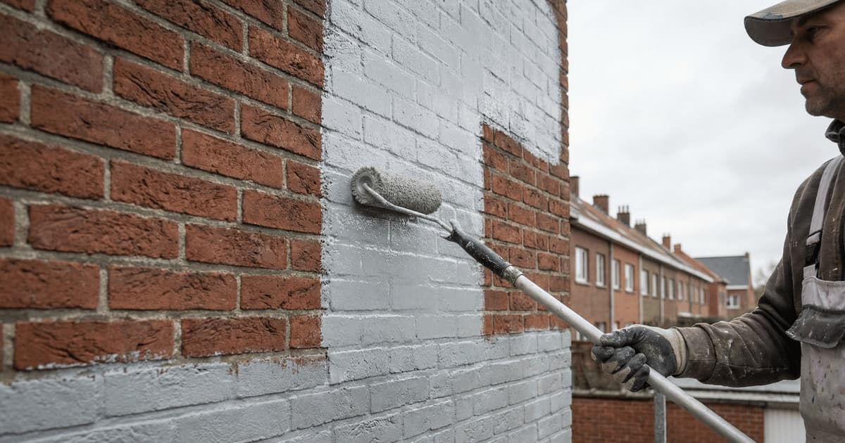 Vakman schildert een rode bakstenen gevel lichtgrijs met een vachtroller op verlengstok waarbij de scherpe overgang tussen de geschilderde en onbehandelde muur zichtbaar is tegen een achtergrond van Vlaamse rijwoningen.
