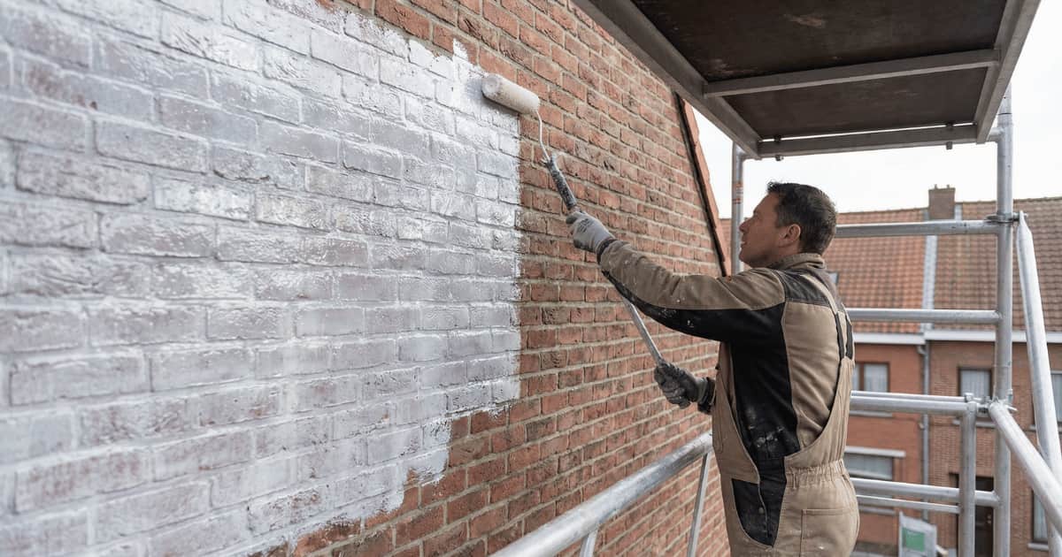 Schilder in werkoverall rolt een witte primer over een rode bakstenen gevel vanaf een aluminium stelling waarbij het contrast tussen de geprimerde en onbehandelde muur duidelijk zichtbaar is.
