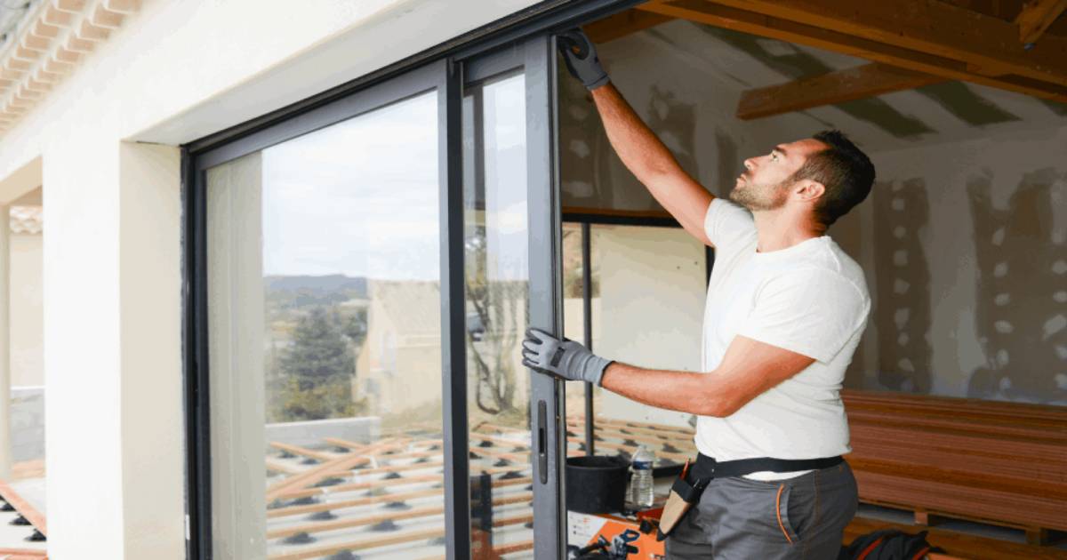 Expert die een schuifraam aan het installeren is tijdens een woningrenovatie. 