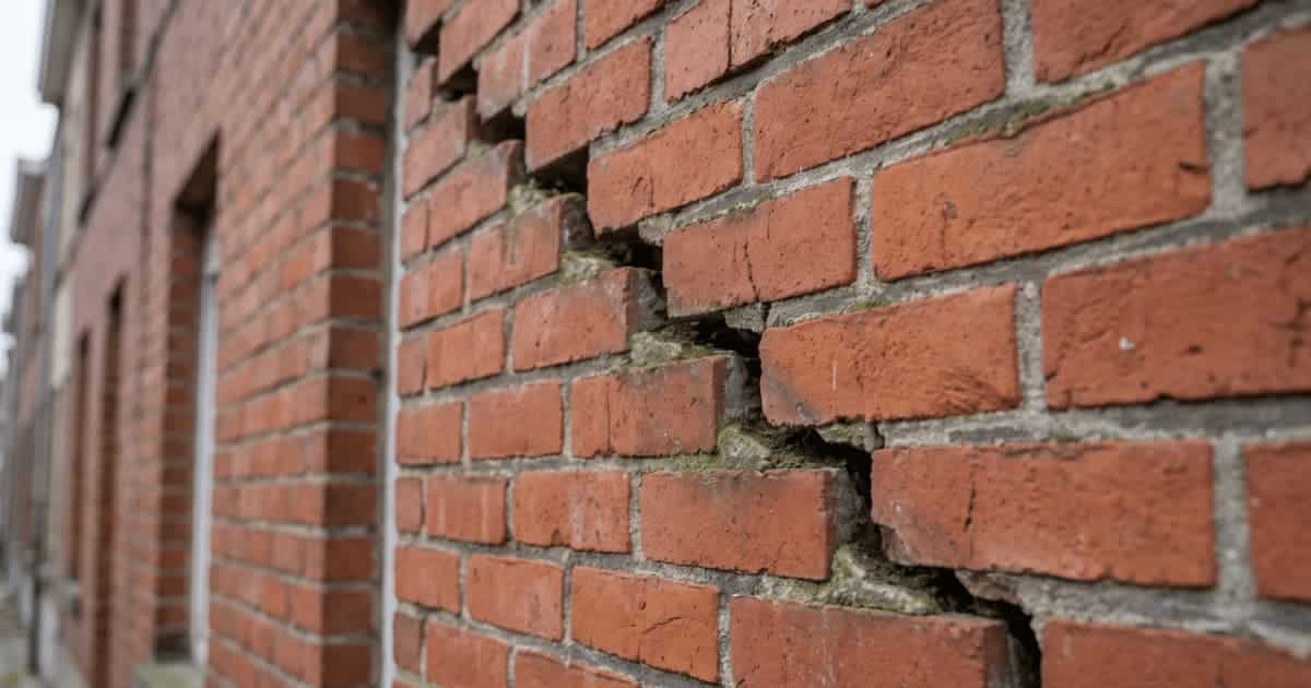 Een brede schuine scheur loopt trapvormig langs de voegen van een rode bakstenen gevel met zichtbare verplaatsing van het metselwerk en afbrokkelende mortel.