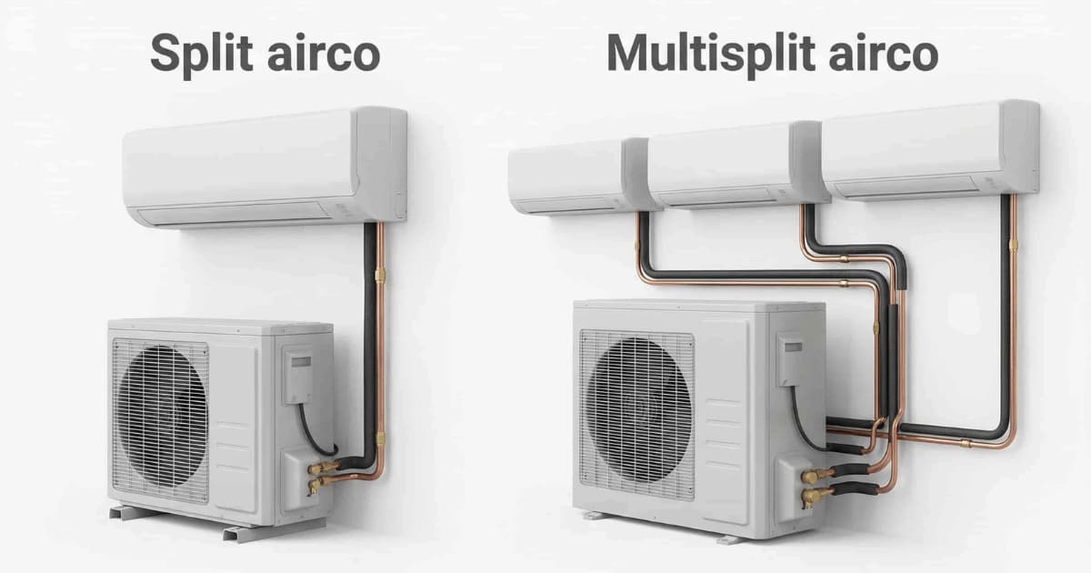 Vergelijking van een split airco en multisplit airco naast elkaar: links een split airco met één binnenunit en één buitenunit verbonden door koperen leidingen, rechts een multisplit airco met drie binnenunits aangesloten op één grotere buitenunit via koperen leidingen, op een neutrale grijze achtergrond.