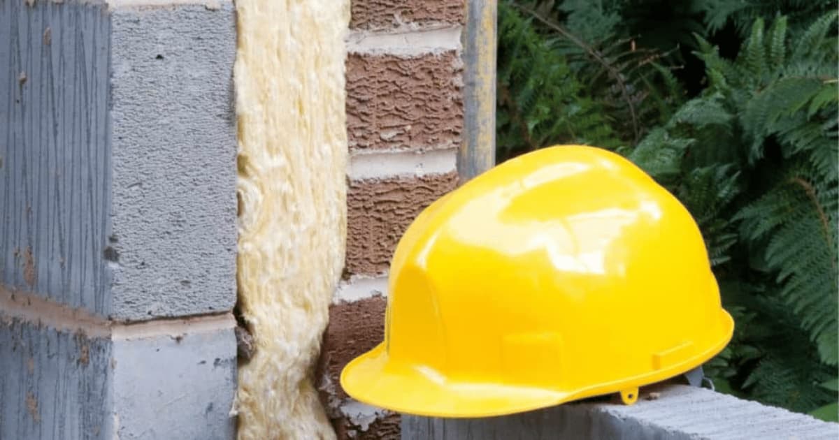 Doorsnede van een spouwmuur met glaswol isolatiemateriaal zichtbaar tussen de bakstenen buitenmuur en betonblokken binnenmuur, met gele veiligheidshelm op de voorgrond.