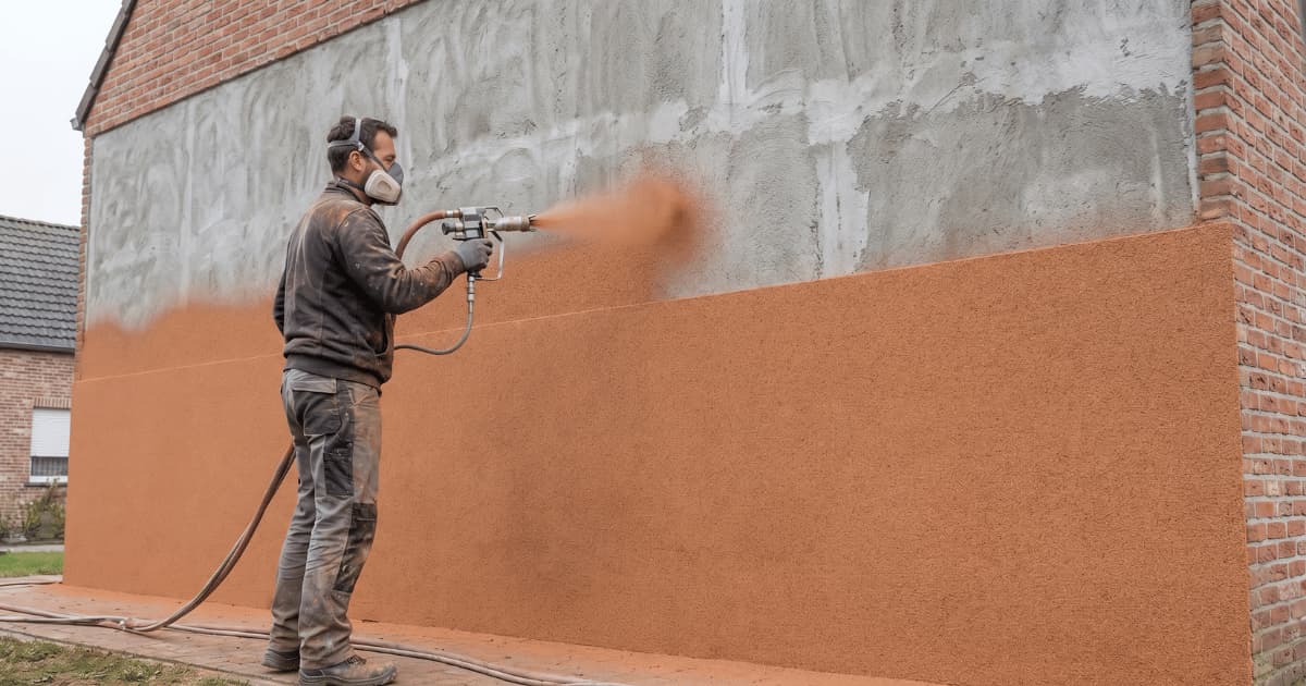 Een vakman met ademhalingsmasker spuit terracottakleurige spuitkurk op een geprepareerde grijze buitenmuur met een professioneel spuitpistool terwijl de onderste helft al volledig bedekt is.