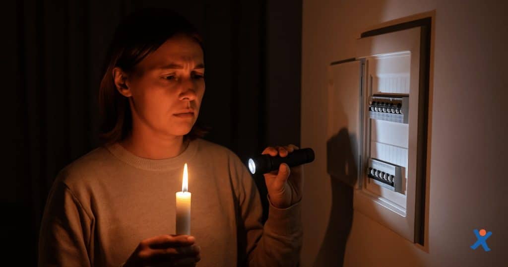 Vrouw met een kaars en zaklamp bekijkt een zekeringkast in een donkere kamer tijdens een elektriciteitsstoring.