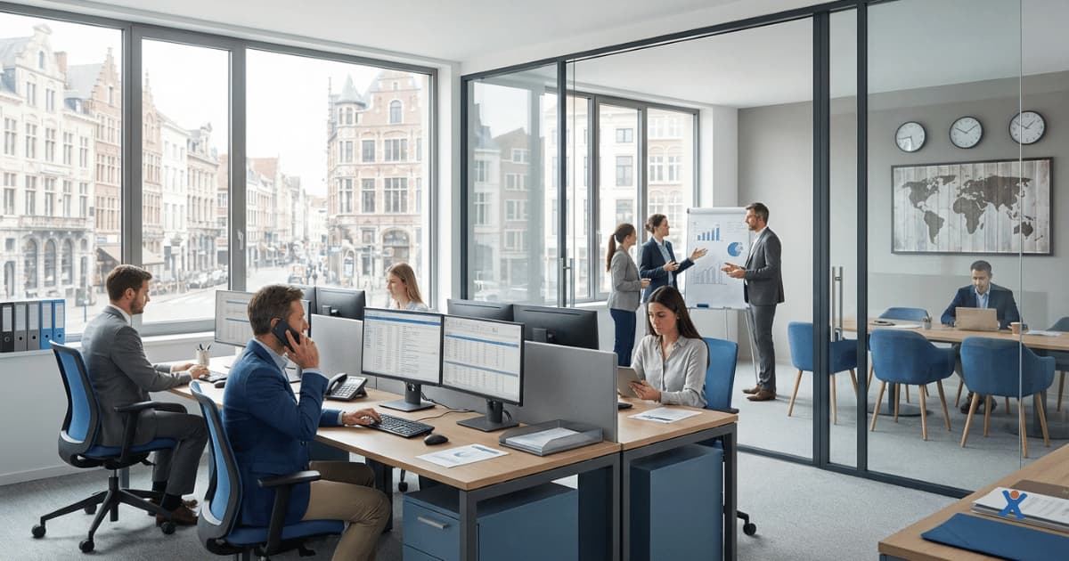 Debiteurenbeheer- en incassomedewerkers werken aan de opvolging van betalingen en dossiers in een open kantoor, met een vergaderzaal en overleg op de achtergrond.