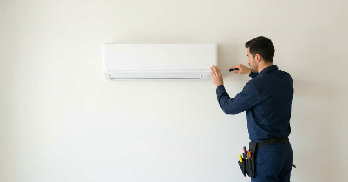 Technicus in donkerblauwe werkkleding met gereedschapsriem schroeft met een schroevendraaier aan een gesloten witte split airco binnenunit gemonteerd op een lichte muur.