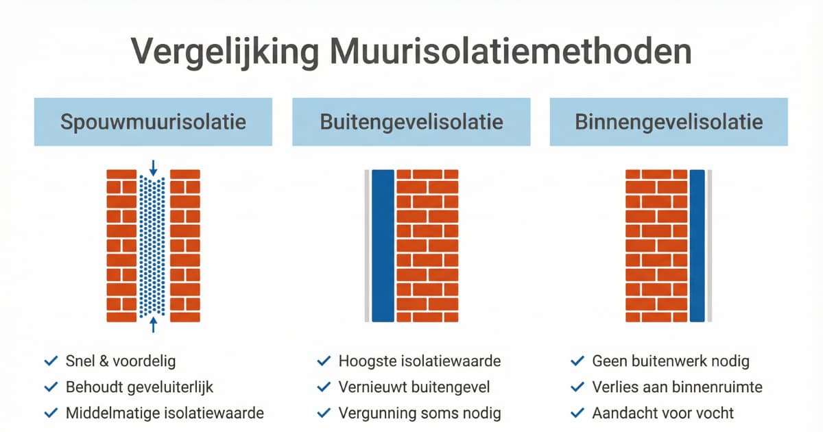 Vergelijking van drie muurisolatiemethoden: spouwmuurisolatie (snel en voordelig, behoudt geveluiterlijk), buitengevelisolatie (hoogste isolatiewaarde, vernieuwt buitengevel) en binnengevelisolatie (geen buitenwerk nodig, verlies aan binnenruimte). Doorsnedes tonen waar het isolatiemateriaal in de muur zit.