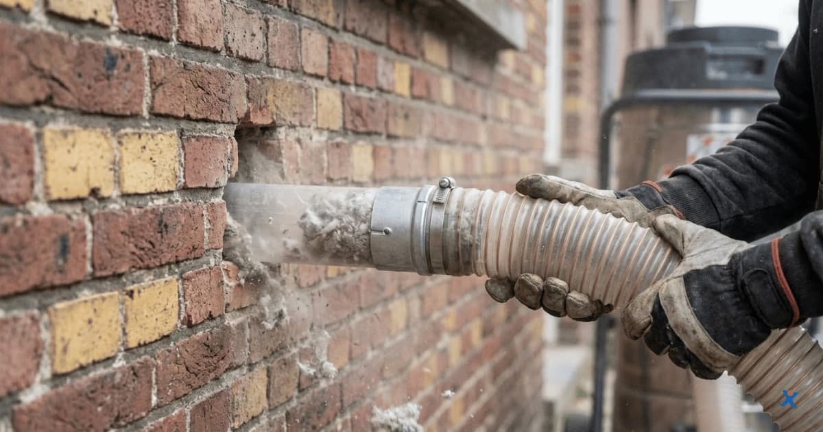 Vakman zuigt beschadigde of vochtige pleister weg uit een bakstenen muur met professioneel gereedschap tijdens een vochtbestrijdingsbehandeling.