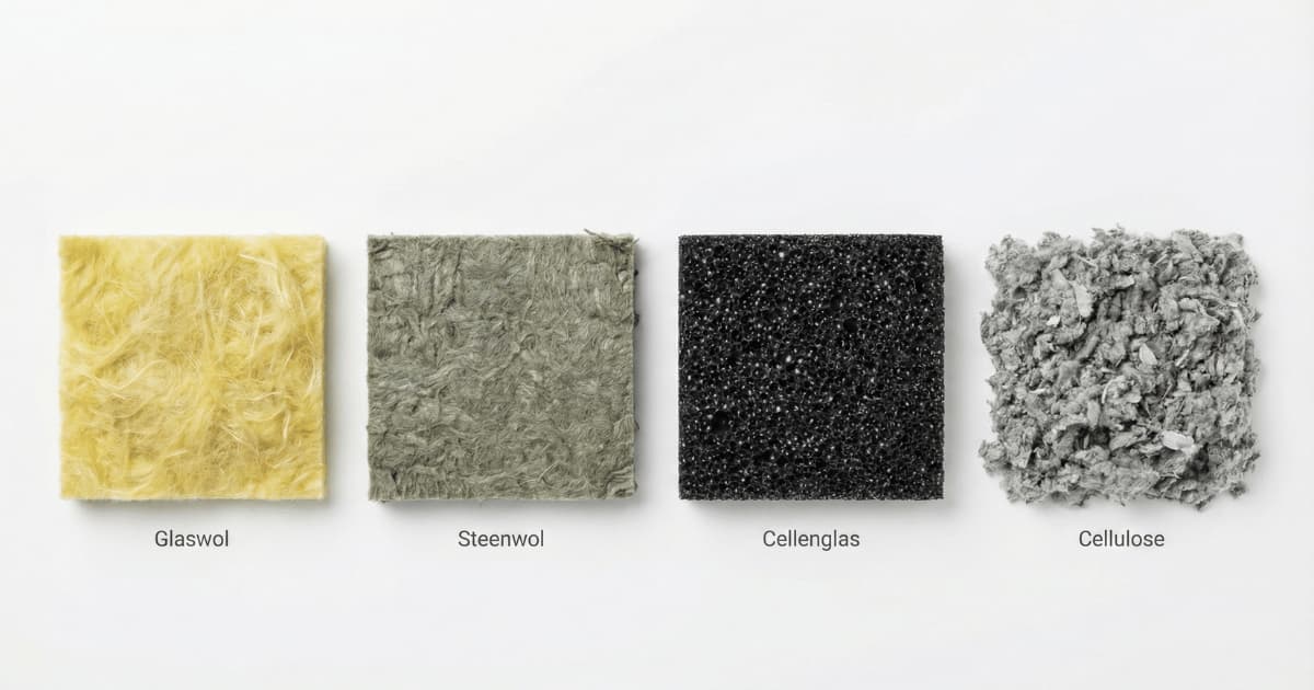 Realistische textuurweergave van vier natuurlijke isolatiematerialen naast elkaar. Van links naar rechts: glaswol, steenwol, cellenglas en cellulose.