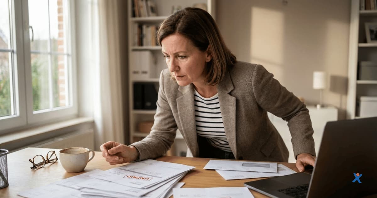 Vrouw bekijkt aandachtig facturen en documenten aan een bureau in huis, met een laptop en een kop koffie op tafel, in een rustige werkomgeving.