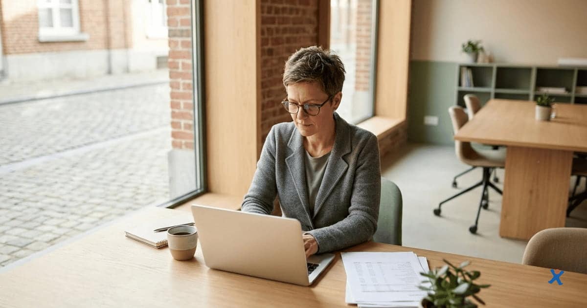 Vrouw zit aan een bureau in een rustige kantoorruimte en werkt op een laptop, met documenten en een kop koffie op tafel en vergaderruimte op de achtergrond.