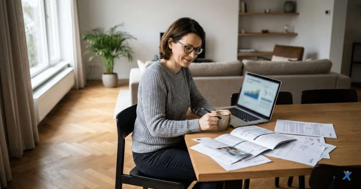 Vrouw zit aan een eettafel in een lichte woonkamer en bekijkt financiële documenten terwijl ze op haar laptop werkt en een kop koffie vasthoudt.