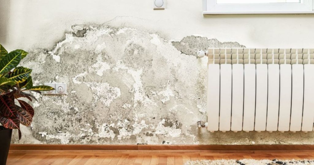 Muur met vocht en schimmelplekken boven de plint, naast een verwarming