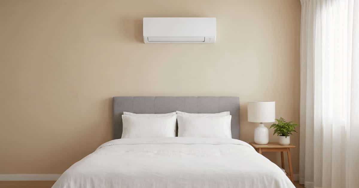 Een witte airco binnenunit hangt hoog aan een beige muur boven een opgemaakt tweepersoonsbed met grijs hoofdbord en wit beddengoed in een rustige slaapkamer met een houten nachtkastje en schemerlamp.