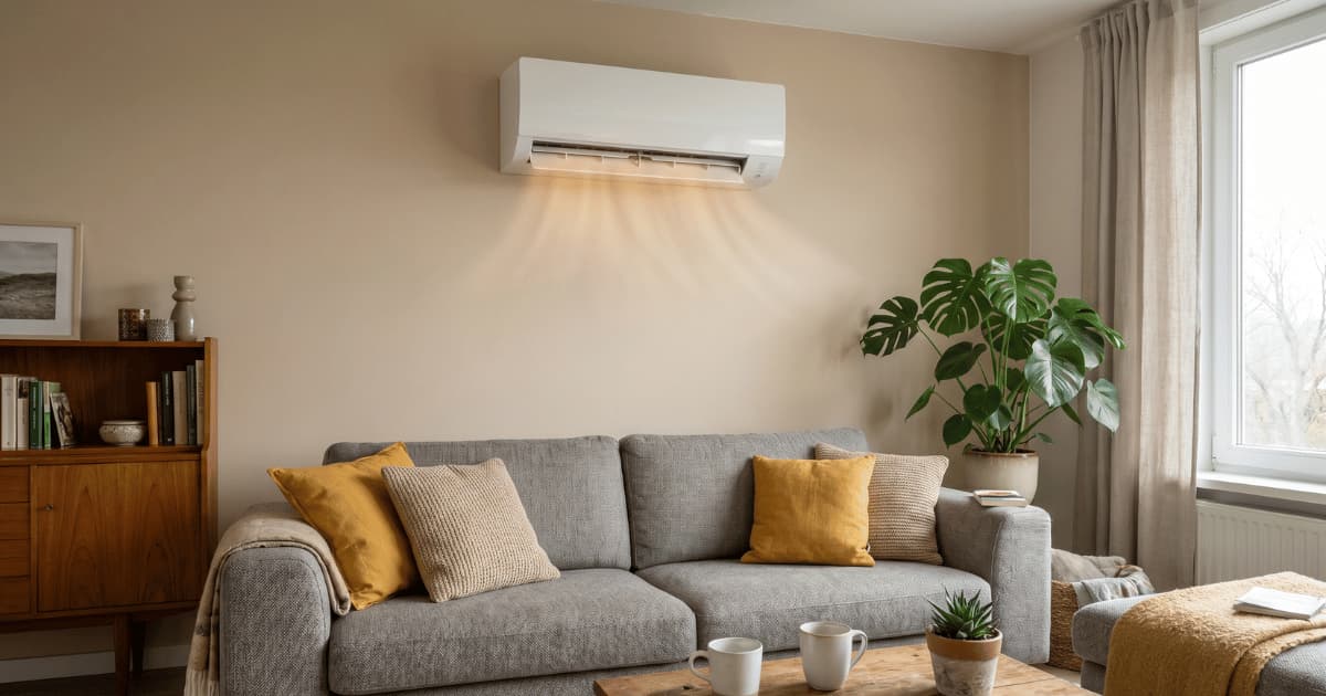 Een witte airco-binnenunit blaast warme lucht naar beneden vanuit een hoge positie op een beige muur boven een grijze bank met gele en gebreide kussens in een gezellige woonkamer met houten kast, monstera-plant en salontafel met koffiemokken.