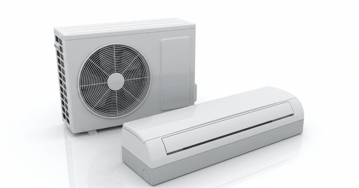 Een witte airco buitenunit met ventilatorrooster staat links naast een slanke witte binnenunit rechts op een neutrale lichte achtergrond.