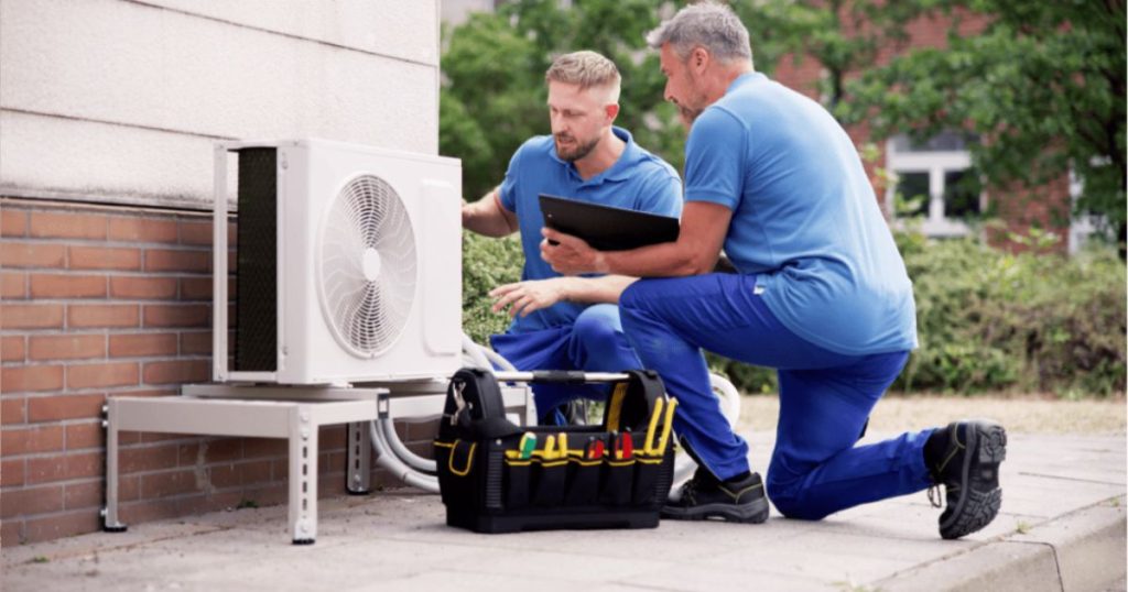 Twee vakmannen zijn bezig met het grondig keuren van de buitenunit van een airco om na te gaan of alles correct functioneert.