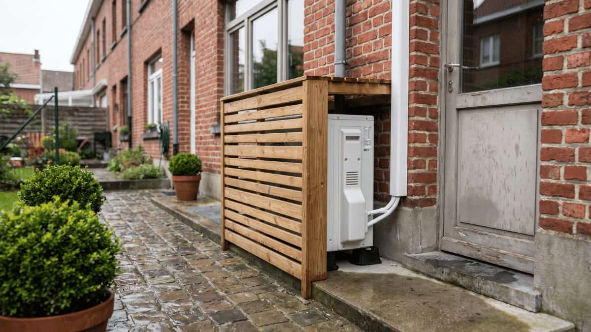 Een witte airco-buitenunit staat deels verscholen achter een houten lattenomkasting tegen de rode bakstenen gevel van een Belgische rijwoning op een natte kasseien binnenkoer met buxusplanten in terracotta potten.