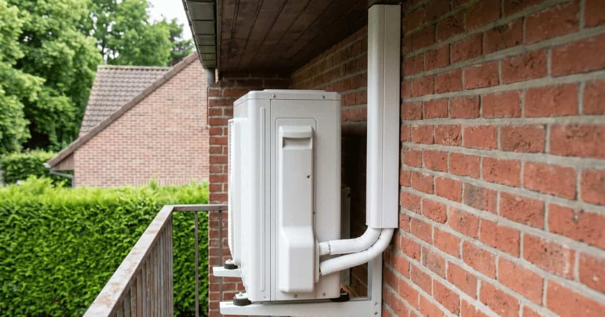 Witte airco buitenunit gemonteerd op een stalen muurbeugel aan een rode bakstenen gevel met een verticale witte kabelgoot langs de muur en een groene haag en buurdak op de achtergrond.
