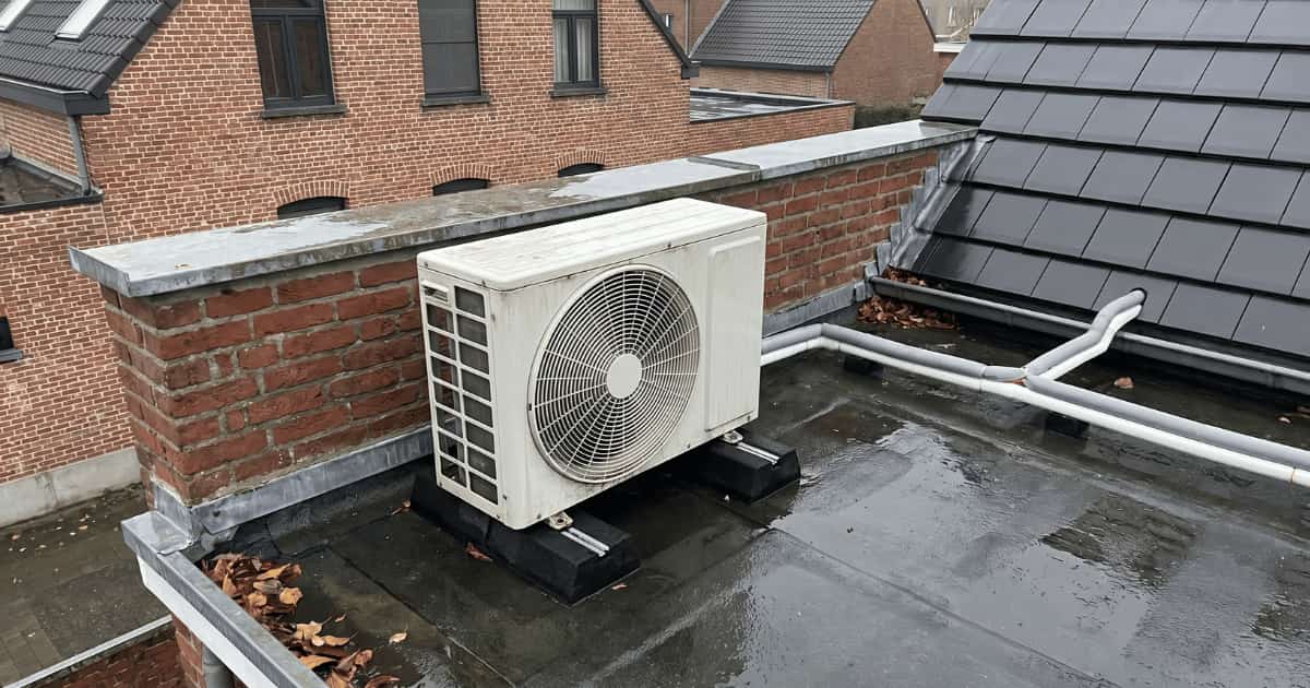 Een witte airco-buitenunit staat op zwarte rubberen demperblokken op een nat plat dak met donkere dakbedekking, tegen een lage bakstenen borstwering met hardstenen afdekking en witte koelleidingen die naar het aangrenzende hellende dak lopen.