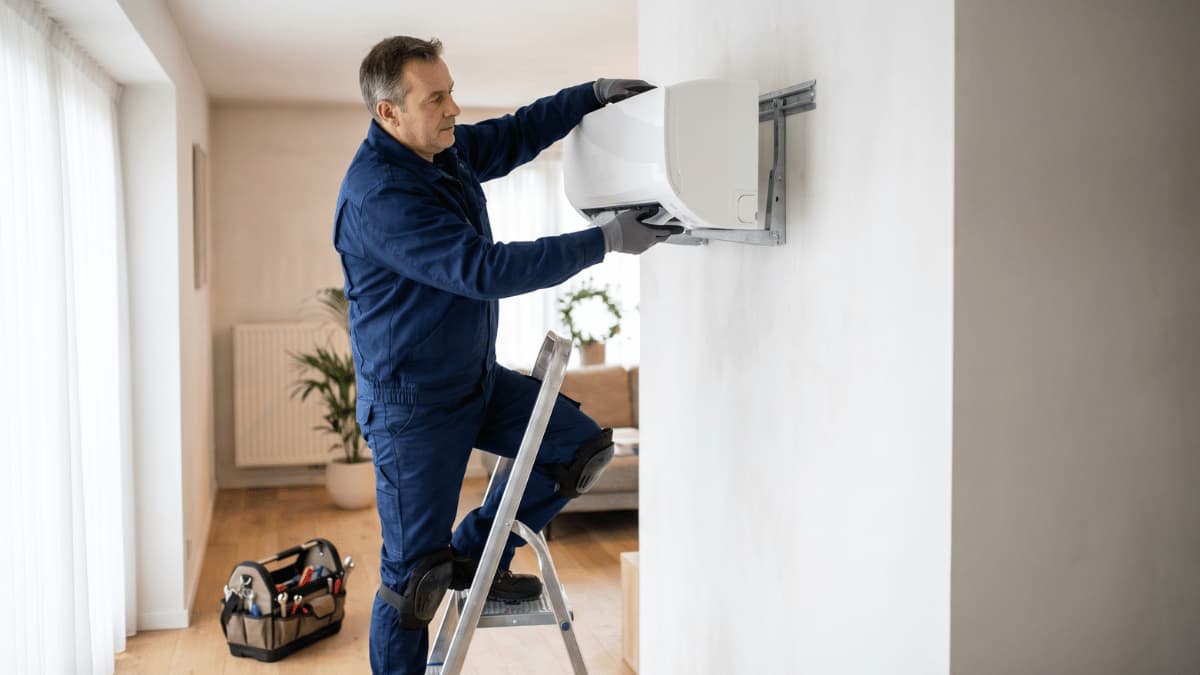 Een technicus in donkerblauw werkpak staat op een trapje en plaatst met beide handen een witte airco-binnenunit op een metalen muurbeugel in een woonkamer met houten vloer en een gevulde gereedschapstas op de grond.