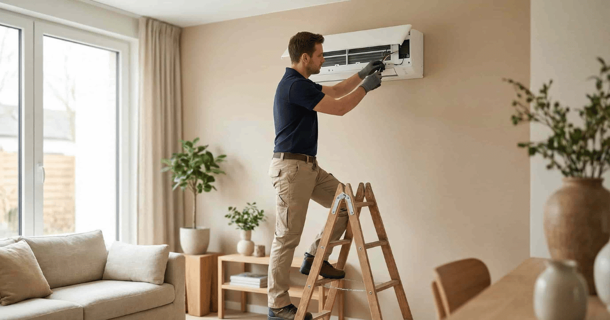 Professionele airco technicus in donkerblauw poloshirt en beige werkbroek staat op een houten trapladder en monteert een witte split-airco binnenunit aan een warme beige muur in een ruime Belgische woonkamer met lichtbeige bank, houten bijzettafel, groene kamerplanten en grote ramen met natuurlijk daglicht