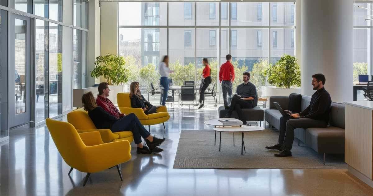 Een chique werknemersruimte met links 3 gele sofa's, rechts een lange en een korte grijze sofa, en op de achtergrond een tafel met zitplekken. Onder de lange grijze sofa ligt een grijs tapijt, waarop ook een wit tafeltje met zwarte poten staat. Er zitten 3 mensen op de gele sofa's, 2 mannen op de grijze sofa's, en achteraan, bij de tafels, staan nog 3 personen. De volledige ruimte is voorzien van glazen wanden die uitgeven op een stedelijke omgeving.