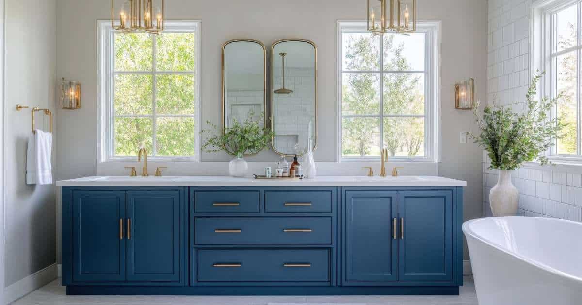 Een badkamer met een blauwe aanrechtkast met gouden grepen. Ook in de rest van de badkamer zijn gouden details aanwezig: verlichting, kranen en spiegel. Er staat ook 2 witte vazen met lange, groene bladertakken.