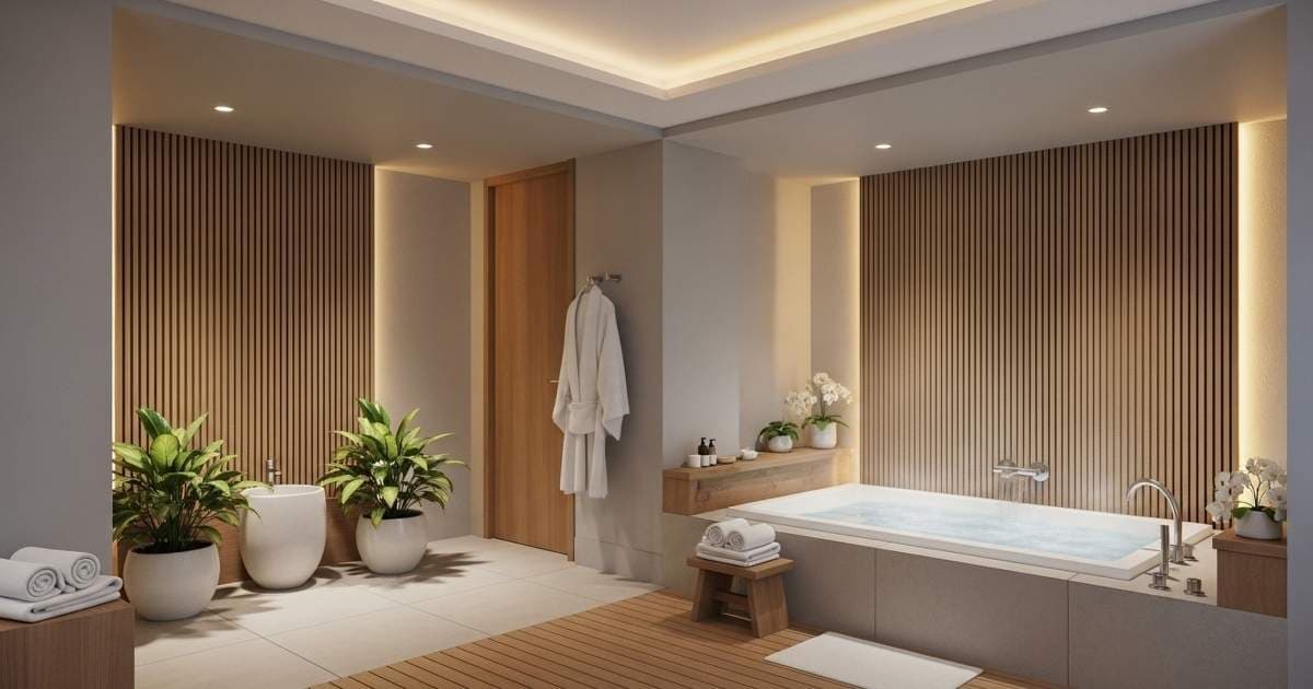 Een stijlvolle badkamer met ingebouwd bad, tegels en gedeeltelijke houten vloer, lage lavabo met 2 kamerplanten in witte potten, en infrarood wandpanelen in designuitvoering met houten latten.