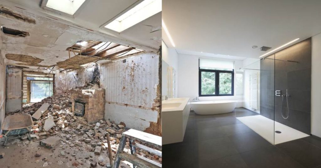 Voor en na van een badkamerrenovatie, zwaar beschadigde en vervallen badkamer naast een moderne, volledig gerenoveerde badkamer met vrijstaand bad en inloopdouche