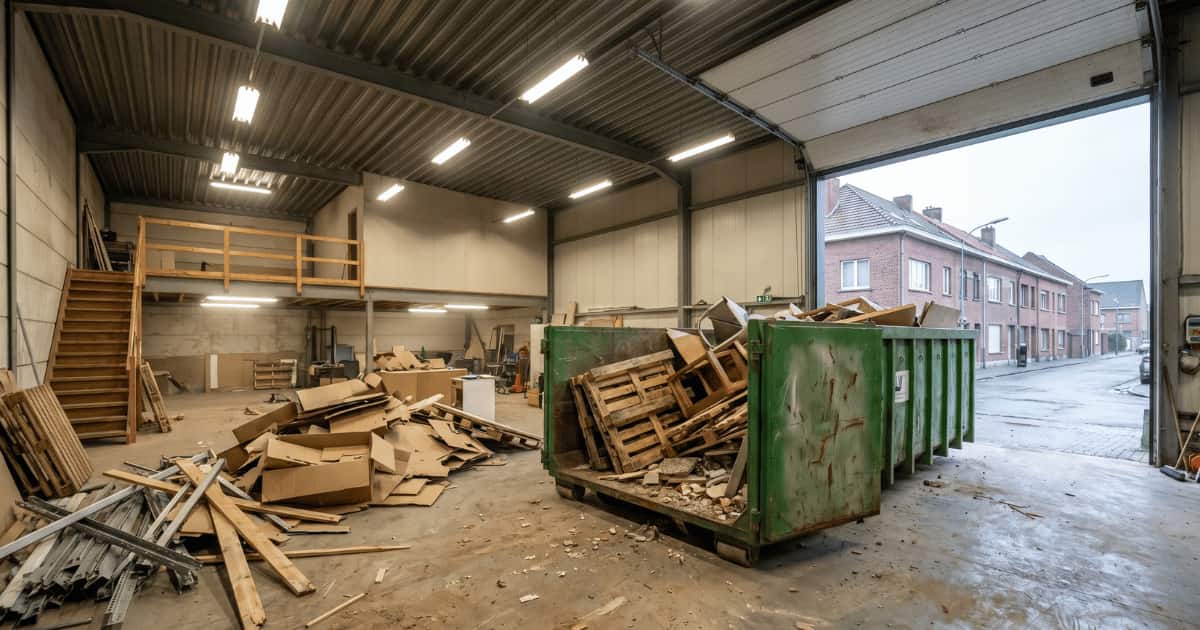 Een grote groene afvalcontainer gevuld met houten pallets en sloophout staat bij de open sectionaalpoort van een Belgisch magazijn terwijl op de betonnen vloer platgedrukt karton, gebroken houten planken en metalen profielen op een hoop liggen en Belgische bakstenen rijwoningen zichtbaar zijn op de regenachtige straat buiten.
