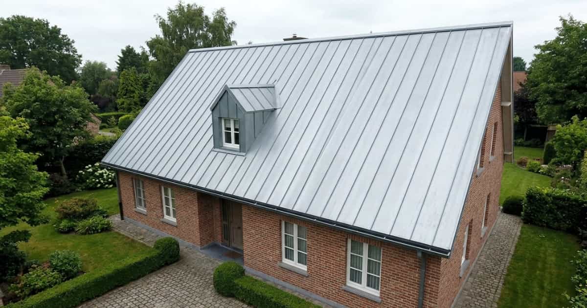 Vlaamse vrijstaande bakstenen woning met een volledig zinken felsdak met verticale staande naden van goot tot nok, een zinken dakkapel op het voorste dakvlak en een verzorgde tuin met buxushagen en kasseioprit.