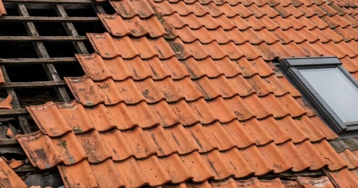 Een oranje rood keramisch pannendak gezien vanuit licht verhoogd perspectief toont links meerdere gebarsten en verschoven pannen met donkere openingen naar de onderliggende structuur, terwijl rechts een klein rechthoekig platdakraam met donker frame in het dakvlak zit.