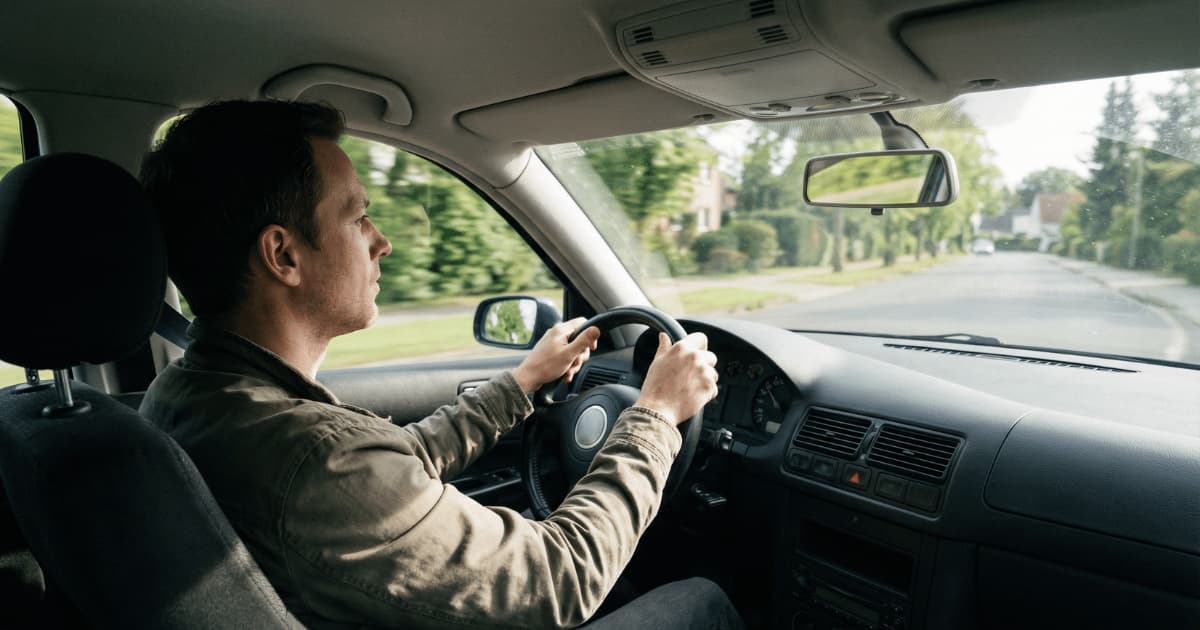 Bestuurder rijdt een auto op een rustige weg.