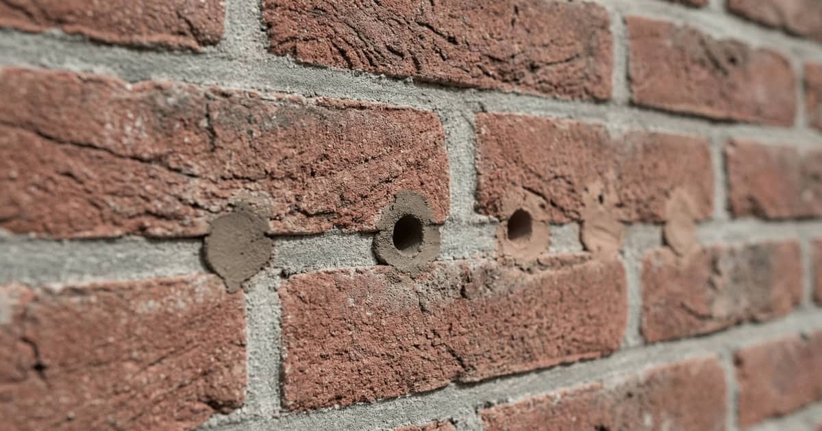 Afgedichte boorgaten in de voegen van een bakstenen gevel na spouwmuurisolatie.