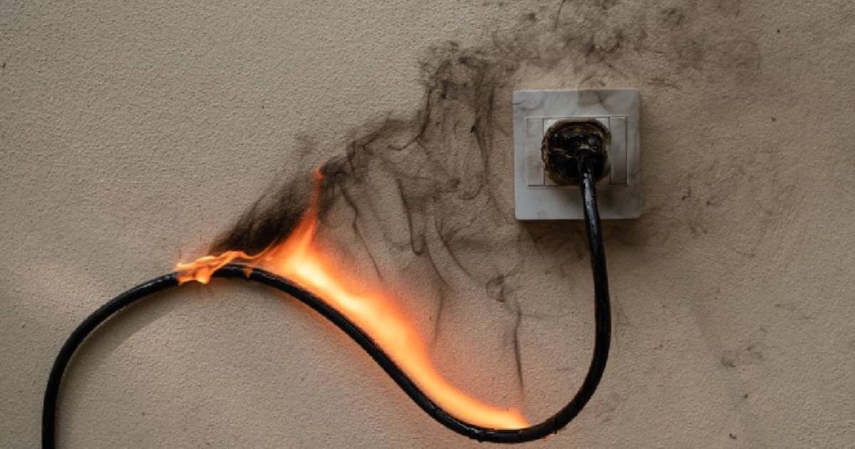 Elektrisch snoer dat in brand staat bij een oververhitte stopcontactdoos, met zwarte rooksporen op de muur.