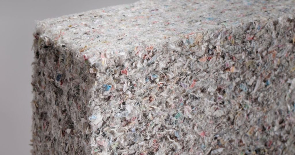 Close-up van cellulose isolatie in mat- of plaatvorm. De verschillende vlokjes gerecycleerd krantenpapier en papier zijn goed zichtbaar in de grijze massa.