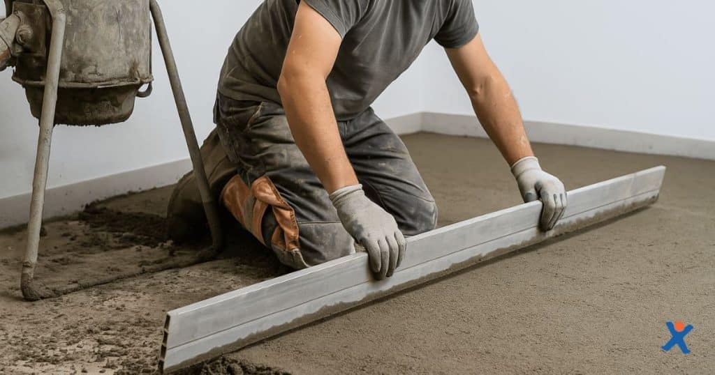 Chapper die knielend een vloer egaliseert met een metalen rei in een onafgewerkte ruimte.