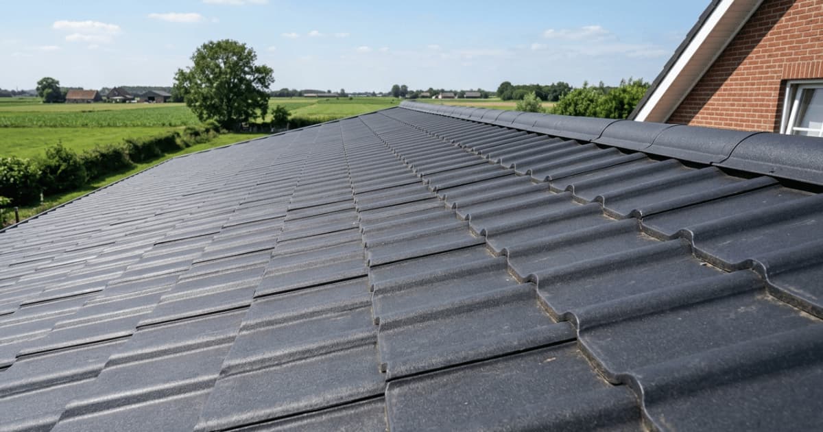 Een close-up vanop het dakoppervlak over rijen uniforme antraciet dakpanplaten met een donkere nokvorst langs de nok en een bakstenen gevel rechts met uitzicht op een vlak groen agrarisch landschap met bomen en boerderijen op de achtergrond.
