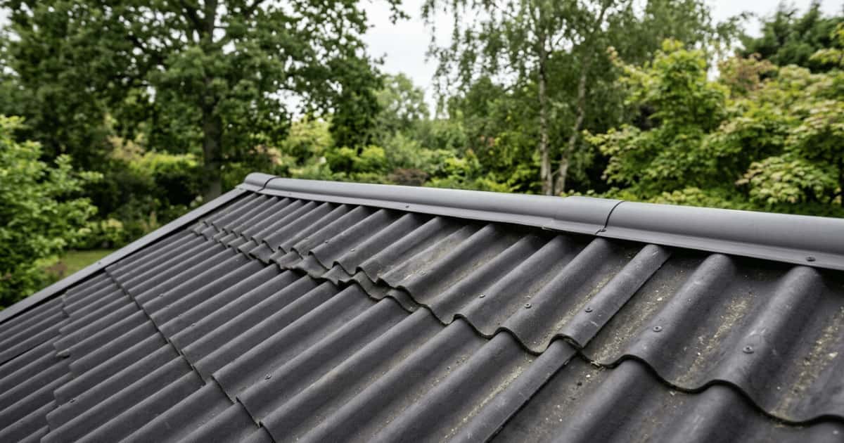 Close-up van een hellend dak bedekt met donkere golfplaten met overlappende rijen en een ronde grijze nokvorst tegen weelderig groen tuingebladerte en een bewolkte lucht.