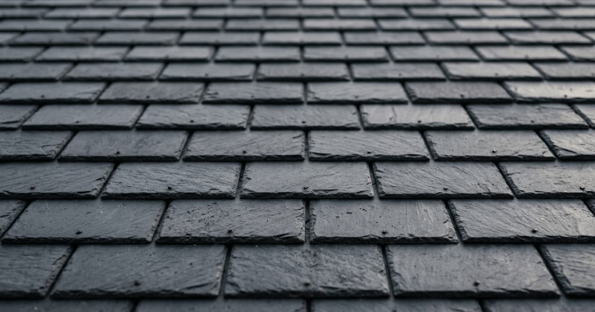 Donkere kunstleien met een natuursteenachtige textuur liggen in overlappende rijen op een hellend dak waarbij de bevestigingsnagels per lei zichtbaar zijn.