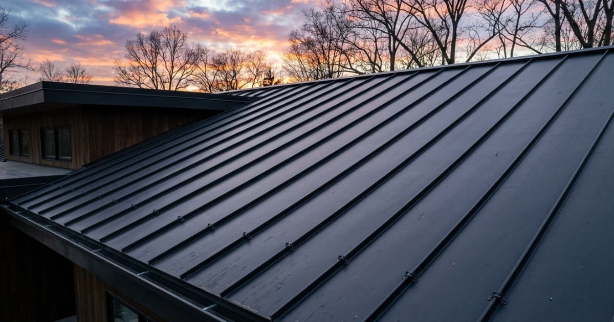 Een donker antracietkleurig dak met staande naad sandwichpanelen strekt zich diagonaal door het beeld met kleine metalen klemmen zichtbaar langs de naden terwijl op de achtergrond kale winterbomen aftekenen tegen een oranje en roze avondlucht boven een aanbouw met houten gevelbekleding.