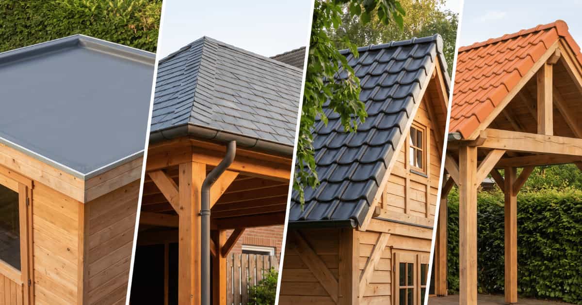 Collage met vier houten bijgebouwen toont van links naar rechts een tuinhuis met een plat grijs dakmembraan, een carport met donkergrijze leien en een zichtbare regenpijp, een tuinhuisje met steile donkere dakpannen en een dakkapelraampje en een open houten carport met terracotta oranje dakpannen tegen een groene tuinachtergrond.