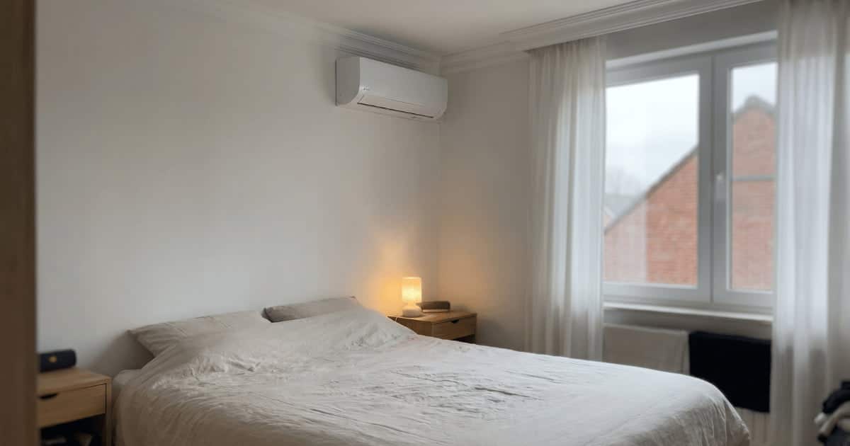 Een witte split-airco binnenunit hangt hoog aan de muur boven een opgemaakt tweepersoonsbed in een compacte slaapkamer met een houten nachtkastje, een sfeerlamp en sheer gordijnen waardoor een bakstenen geveldak zichtbaar is.